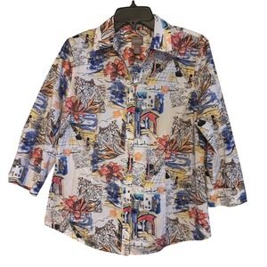 Chico's 1 Winkle Resistant Button Shirt 3/4 Sleeves Travel Post Card Scene  Sz 8